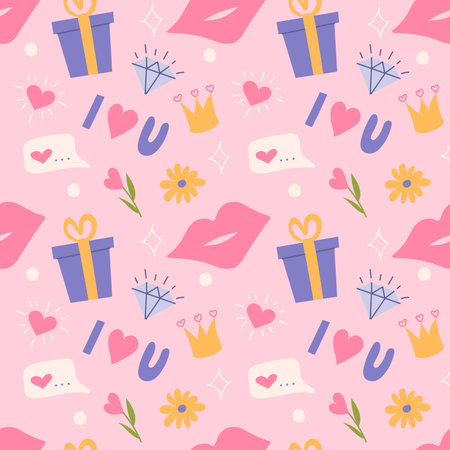 Valentines Day, love elements on pink background, vector seamless pattern in flat styleのイラスト素材