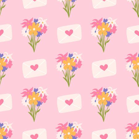 Bouquet of flowers with envelopes for Valentines Day, vector seamless pattern on pink backgroundのイラスト素材