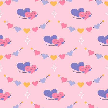 Hearts in an embrace and garland on pink background, vector seamless pattern for Valentines Dayのイラスト素材