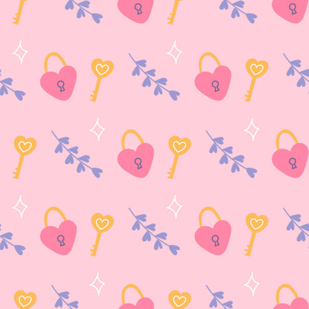 Heart shaped lock with key on pink background, vector seamless pattern for Valentines Dayのイラスト素材