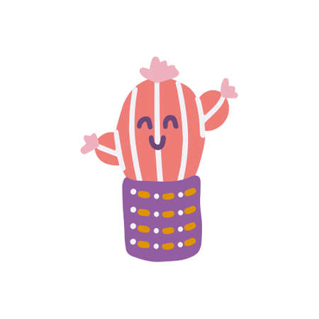 Pink cactus with flowers in pot, vector flat illustration in cartoon styleのイラスト素材