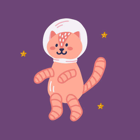 Cosmonaut cat with an aquarium on his head, vector flat illustration in hand drawn style.のイラスト素材