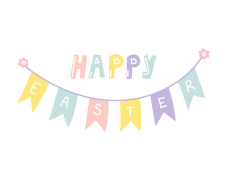 Happy Easter greetings, flag garland, hand lettering, vector flat illustrationのイラスト素材