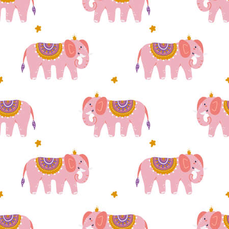 Funny pink elephant with crown, vector seamless pattern in hand drawn style, print for clothing, paper productsのイラスト素材
