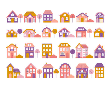Big set of tiny houses with trees and bushes in flat style, small town, colorful facades.のイラスト素材