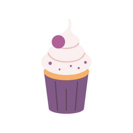 Cupcake with cherries, sweet muffin with cream, vector flat illustrationのイラスト素材