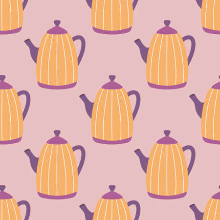 Orange teapot with stripes for tea or coffee, vector seamless patternのイラスト素材