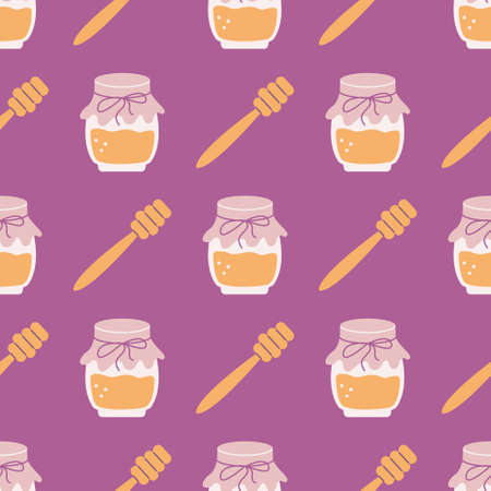 Honey in glass jar with spoon, vector seamless patternのイラスト素材