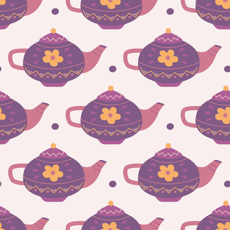 Ceramic teapot with flowers, vector seamless pattern on pink backgroundのイラスト素材