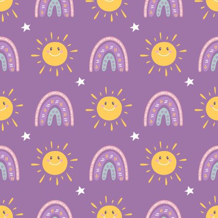 Cartoon sun with rainbow and stars on purple background, vector seamless patternのイラスト素材