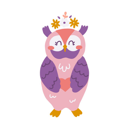 Cute owl in love with flowers and heart, vector illustration in hand drawn styleのイラスト素材