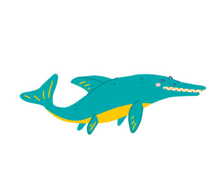 Cute floating dinosaur Ichthyosaurus, vector flat illustration in hand drawn style on white background.のイラスト素材