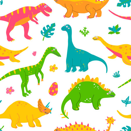 Funny dinosaurs and tropical plants, childrens colorful print for fabric, postcards. vector seamless pattern.のイラスト素材