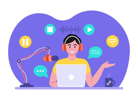 Podcast concept. Man wearing headphones in front of laptop, talking into microphone, recording sound. Vector illustration with icons in flat cartoon style.のイラスト素材
