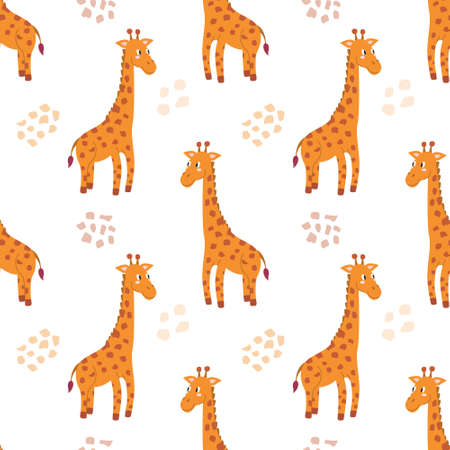 Vector seamless pattern with giraffe on white background. Decor for childrens posters, postcards, clothing and interior decorationのイラスト素材
