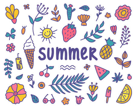 summer set. Vector illustration of colorful doodles of seasonal symbols.のイラスト素材