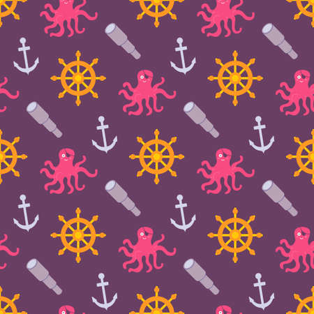 Octopus pirate with telescope, anchor and steering wheel of the ship on dark background, vector seamless pattern.のイラスト素材
