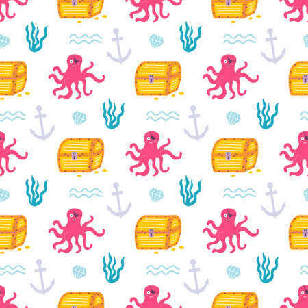 Octopus pirate with treasure and anchor in the sea, vector seamless pattern.のイラスト素材