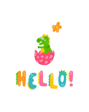 Cute dinosaur baby print. Little dino in flat hand drawn style with hand lettered Hello. Design for the design of postcards, posters, invitations and textiles.のイラスト素材