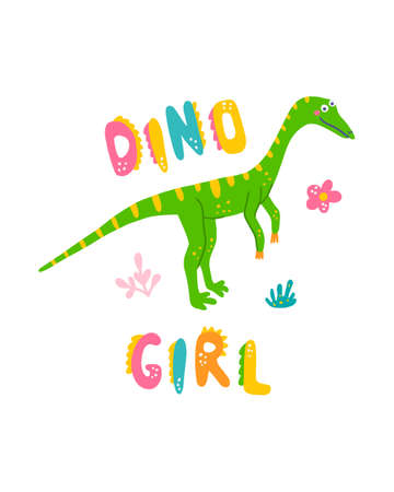Cute dinosaur baby print. Compsognathus in flat hand drawn style with hand lettered Dino Girl. Design for the design of postcards, posters, invitations and textiles.のイラスト素材