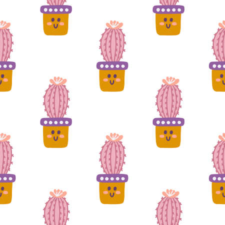 Hand drawn cute succulent cactus house plants in pots, vector seamless pattern for fabric, wallpapers.のイラスト素材