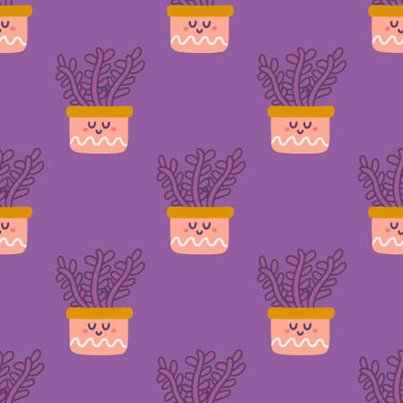 Hand drawn cute succulent house plants in pots, vector seamless pattern for fabric, wallpapers.のイラスト素材