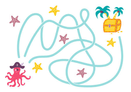 Labyrinth, help the octopus pirate find the right way to treasure island. Logical quest for children. Cute illustration for childrens books, educational gameのイラスト素材