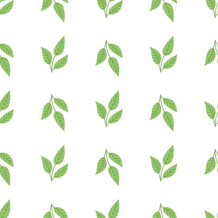 Tea leaves on white background, vector seamless pattern in flat hand drawn styleのイラスト素材