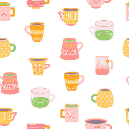 Mugs with drinks, tea and coffee on white background, vector seamless pattern in flat hand drawn styleのイラスト素材