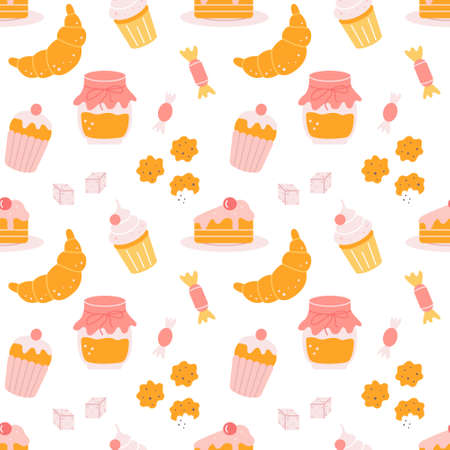 Sweets for tea or coffee. Cupcakes, candies, cookies. Vector seamless patternのイラスト素材