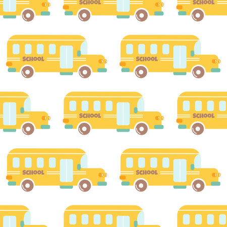 Yellow school bus, vector seamless pattern on white background. Back to schoolのイラスト素材