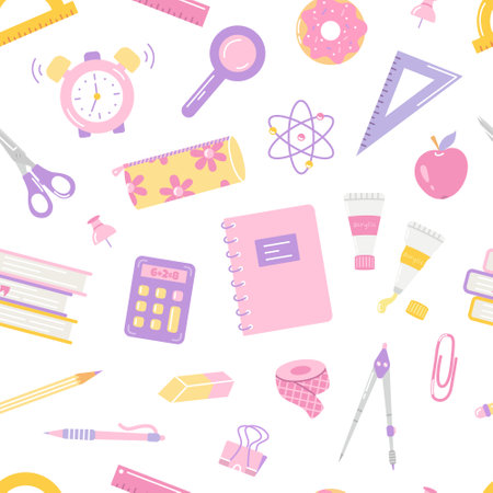Students school items, vector seamless pattern on white background, back to schoolのイラスト素材