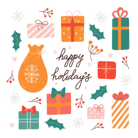 Set of Christmas gifts, vector illustration in flat style, decor for postcards, posters.のイラスト素材