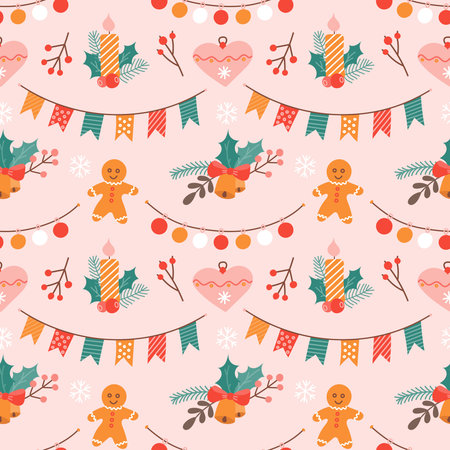 Cute Christmas vector pattern with festive symbols on pink background.のイラスト素材