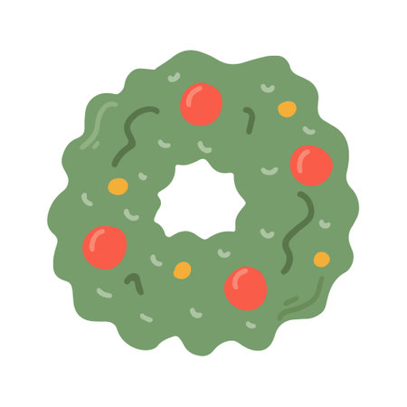 Christmas wreath, vector flat illustration in hand drawn style on white backgroundのイラスト素材