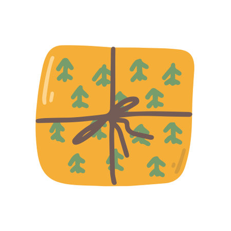 Gift in package with Christmas trees, vector flat illustration on white backgroundのイラスト素材