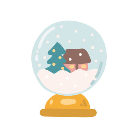 Snow globe with Christmas tree and house inside, vector flat illustration on white background.のイラスト素材