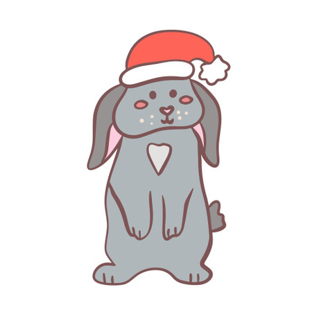 Cute rabbit in Santa hat, vector Christmas flat illustration on white background in hand drawn style.のイラスト素材