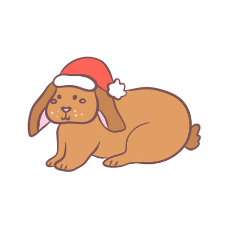 Cute rabbit in Santa hat, vector Christmas flat illustration on white background in hand drawn style.のイラスト素材