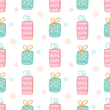 Bright colorful gift boxes on a white background with bows in the style of flat doodles. vector seamless pattern. Children's room decor, posters, postcards, clothing and interior items.のイラスト素材