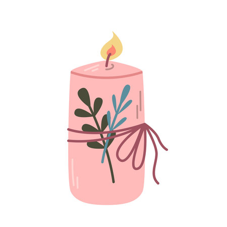 Lit pink candle with fragrant twigs tied with string on white background, vector flat illustration.のイラスト素材