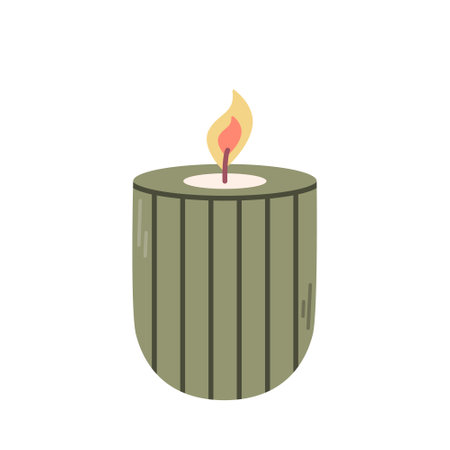 Lit candle in green candlestick, vector flat illustration on white backgroundのイラスト素材