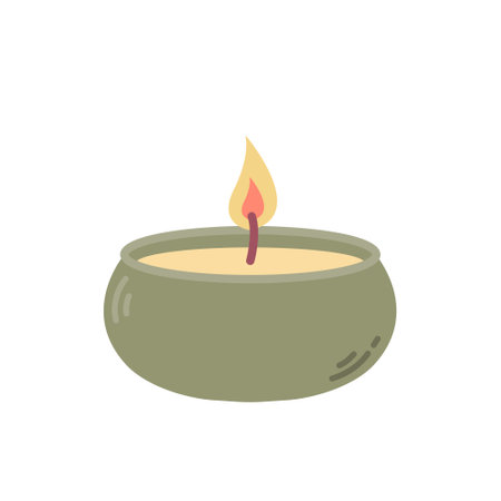 Lit candle in green candlestick, vector flat illustration on white backgroundのイラスト素材