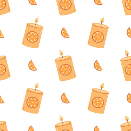 Orange aromatic candles, vector seamless pattern on white background.のイラスト素材