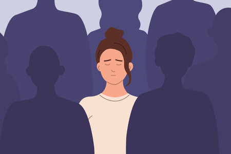 Sad unhappy woman among the crowd of people feels lonely. Depression, problems with communication, friends, isolation. Vector flat illustration.のイラスト素材