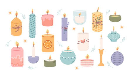 Set of different candles in candlesticks. Fragrant home decor for comfort, relaxation and spa. Vector flat illustrationのイラスト素材