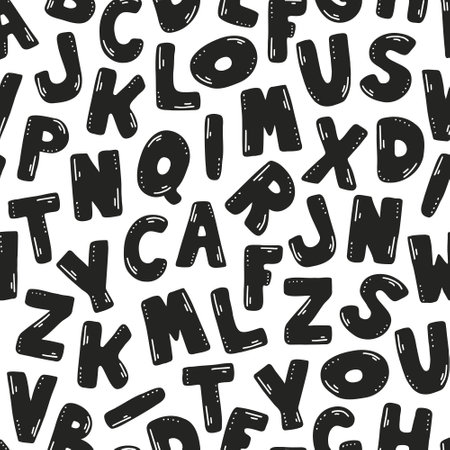 Black Latin letters of the alphabet on white background, vector seamless patternのイラスト素材