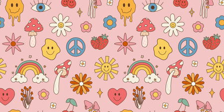 Retro psychedelic 60s 70s vector seamless patterns, groovy hippie style background. Cartoon print...