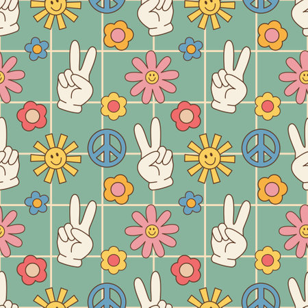 Groovy seamless pattern, flowers, sun. Retro hippie style, floral vector background of the 60s, 70s, 80sのイラスト素材