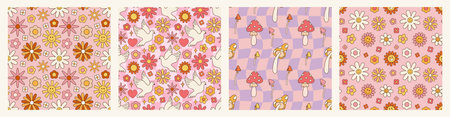 Retro psychedelic set 60s 70s vector seamless patterns, groovy hippie style background. Cartoon...